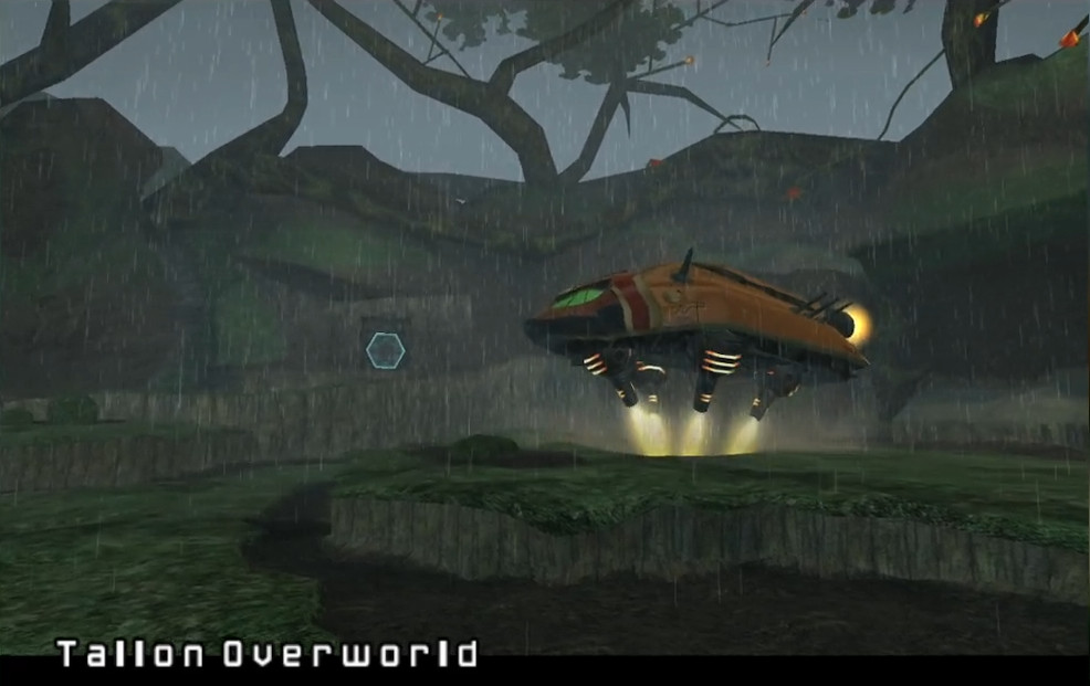 Samus's ship lands in a wide open clearing with only a few trees for visual cover.