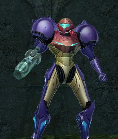 Samus stands stoicly for the camera