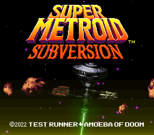 Super Metroid: Subversion title screen. A space station floats in the depth of space, surrounded by asteroids.