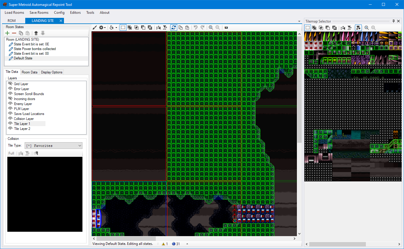 Main editing window of SMART. The main editing area is in the centre, with room state and tile data on the left, and the tilemap selector on the right.