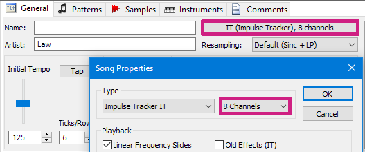 OpenMPT song properties window, highlighting the channel count of the tracker file.