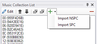 SMART Music collection list. The dropdown under the add button shows options to import NSPC or SPC data.